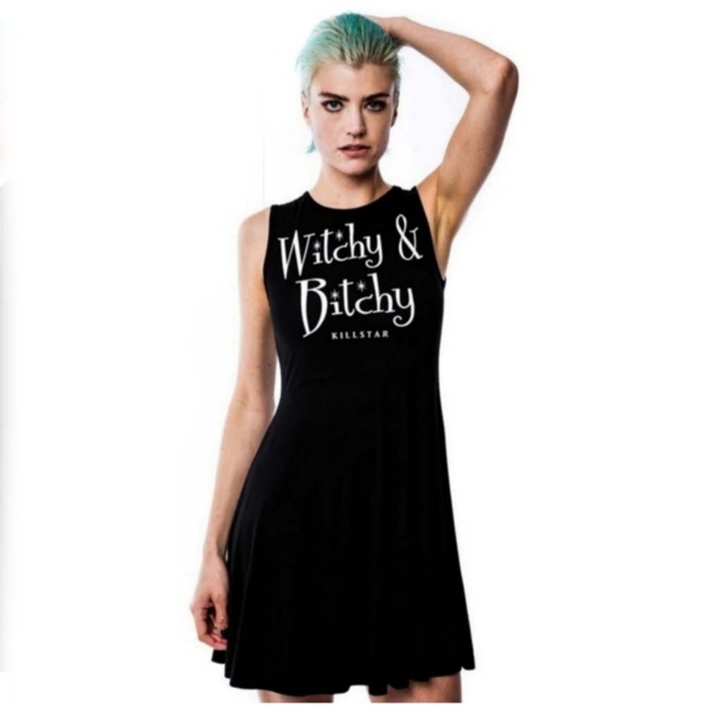 Killstar Witchy Bitchy Skater Dress Black Button Back Jersey Graphic Sz M Nwt — image 5 of 8